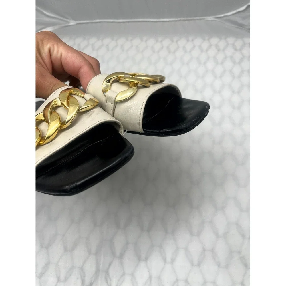 UNISA Women's Slide 8M Beige Gold Chain Faux Leather Square Toe Slip On Sandal